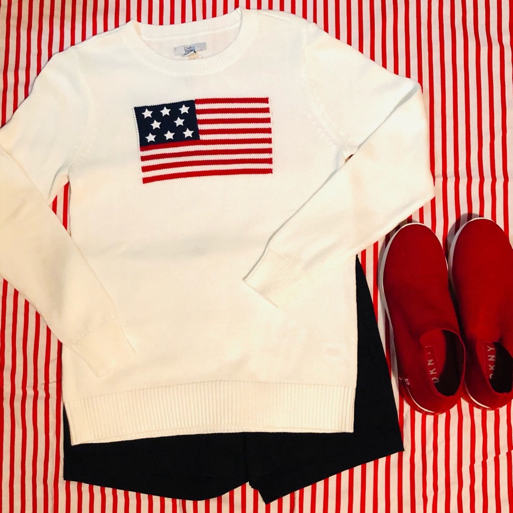 LS, white,sweater with a red,white,& blue flag.